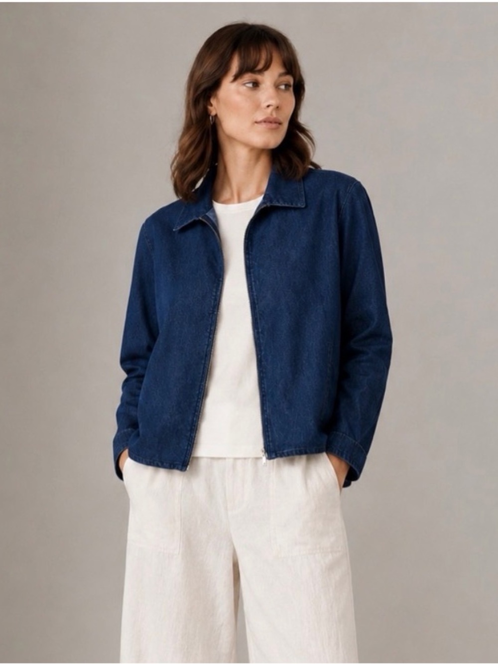 Eileen Fisher Denim Zip Front Jacket Stretch Cotton Medium